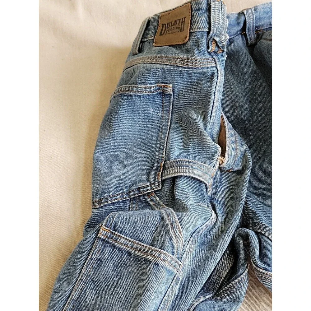 Duluth Mens Jeans 42x30 High Rise Medium Blue‎ Farmer Work Spatter Paint READ